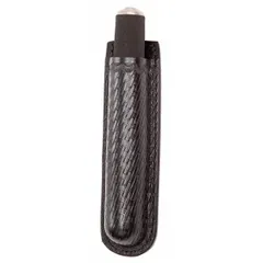 Black leather baton pouch with basket weave finish. Fits belts up to 2 1/4 inches wide. Designed for secure belt carry of a baton during duty operations.