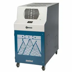 This heavy-duty portable air conditioner provides 60,000 BtuH of cooling capacity for indoor use. It operates on 230V AC and includes an air filter. Suitable for cooling large areas such as industrial facilities, warehouses, or commercial spaces.