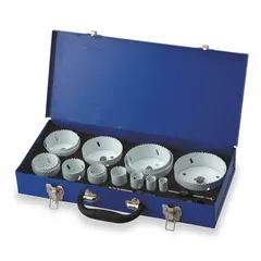 This 19-piece hole saw kit features bi-metal construction with 4/6 teeth per inch and a maximum cutting depth of 1 1/2 inches. Suitable for cutting holes in wood, metal, and plastic in electrical, plumbing, and HVAC applications.