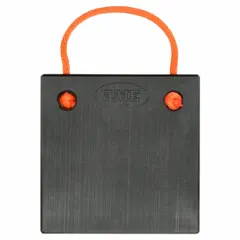 Square black polymer jack plate with 100 ton vertical load capacity and 12 in overall length. Orange handle aids positioning. Distributes outrigger loads over a wider area to prevent ground sinkage on soft or uneven surfaces.