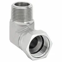 Steel hydraulic adapter with 3/8 in male ORB and 3/8 in male JIC 37° flare connections. 90° swivel elbow design allows flexible routing in confined spaces for fluid power systems
