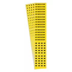 Yellow adhesive pipe marker with black legend reading 'Hot Water Return' and directional arrows. Designed for pipes with outer diameter of 3/4 inch and smaller. Each pack contains 5 markers. Used to identify hot water return lines in piping systems.