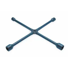 This 4-way cross lug wrench features four 6-point wrench heads sized 13/16 in, 30 mm, 33 mm, and 1 1/2 in. Designed for farm equipment, it includes a leverage bar hole for additional torque when removing or installing standard lug nuts. The electrostatic paint finish provides corrosion resistance.