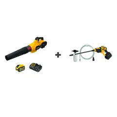 This combination kit includes a cordless blower and a power cleaner, both powered by a 20V MAX* battery system with a 9.0 Ah capacity. The blower delivers a maximum air speed of 125 mph, suitable for clearing leaves, debris, and dust from driveways, patios, and worksites. The power cleaner attachment extends utility for washing equipment and surfaces in landscaping, construction, and property maintenance tasks.