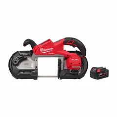 This cordless band saw kit includes model 2829-20 saw and 48-11-1850 battery. It accepts a 35 3/8 in blade and provides a maximum cutting length of 3 1/4 in and maximum cutting width of 3 1/4 in. Suitable for cutting metal, pipe, conduit, and structural steel in portable applications.