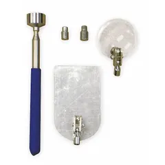 This 6-piece kit includes an acrylic mirror, telescoping shaft, and two magnetic pick-ups for inspecting and retrieving objects in confined spaces. The tools feature plastic construction with soft grip handles and telescoping components for extended reach. Suitable for locating and recovering dropped parts or debris in maintenance and repair tasks.