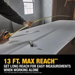 This 16 ft tape measure features SAE graduations in 1/16 in increments, a magnetic single hook tip for attaching to metal surfaces, a finger brake, and a manual lock. The black plastic body with rubberized grip provides secure handling. Suitable for measuring distances in construction and carpentry tasks.
