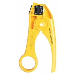 Manual coax cable stripper for RG-59/6 and RG-7/11 cables with a 0.4 in stripping range. Performs a cut action; overall length 4 3/4 in. Suitable for telecommunications, security, and broadcast installations requiring precise cable preparation.