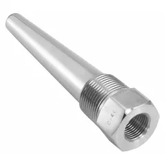 Stainless steel tapered-shank threaded thermowell for industrial temperature sensing. Designed for 24 in stem length with 22 1/2 in insertion. Rated to 7,000 psi at 100°F and 700°F at 3,700 psi. Protects temperature sensors in pipelines, tanks, or vessels.
