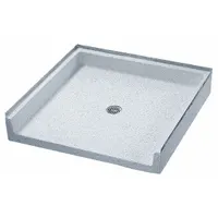 This terrazzo shower base is designed for barrier-free threshold installations, featuring a recessed floor design for a seamless transition. With a center drain location and overall length of 38-5/8 inches, it is suitable for accessible shower applications in commercial or residential settings