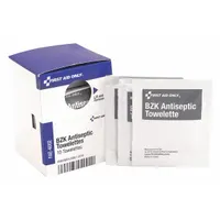 Unitized antiseptic wipes containing 0.13% benzalkonium chloride as the active ingredient. Alcohol-free formulation suitable for cleaning minor cuts, scrapes, and burns. Each packet contains one wipe; supplied in packs of 10