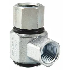 This 90-degree swivel fitting connects hydraulic hoses or tubes where a right-angle turn is required while allowing rotation to reduce stress on the assembly. It features 1/2 in female NPTF inlet and outlet, a steel body with zinc-plated finish, and a nitrile seal. Rated for maximum operating pressure of 3,000 psi.