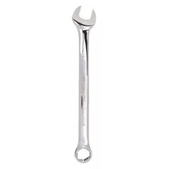 This SAE 6-point combination wrench features a chrome finish and offset design for improved access in confined spaces. The 1-1/4 in head size and 16-3/4 in overall length provide leverage for tightening or loosening fasteners in mechanical assembly and maintenance tasks.