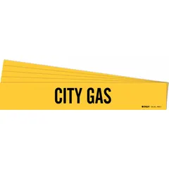 Yellow adhesive pipe marker with black 'City Gas' legend for identifying city gas lines. Fits pipe outer diameters from 2-1/2 to 7-7/8 inches. Supplied without arrows. Pack of 5.