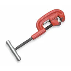 This standard wheel cutter is designed for cutting metal pipes with outer diameters from 1/2 in to 2 in. The tool length is 14 in, and the body is constructed of aluminum. It is commonly used in plumbing, HVAC, and industrial maintenance for making clean, square cuts on metal tubing and pipe.