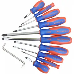 This 11-piece screwdriver set includes Phillips and slotted tip drivers, featuring ergonomic grips for comfort during extended use. Suitable for assembly, repair, and maintenance tasks requiring a variety of tip sizes.
