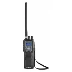 Handheld CB radio operating on 26 to 27 MHz with built-in weather channels for receiving NOAA alerts. Designed for portable short-range two-way communication in mobile or field use.