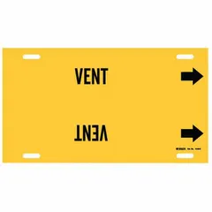 Yellow pipe marker with black legend reading 'Vent' and directional arrows. Fits pipe outer diameters from 8 to 9-7/8 inches. Used to identify vent piping in industrial facilities, aiding maintenance and safety.