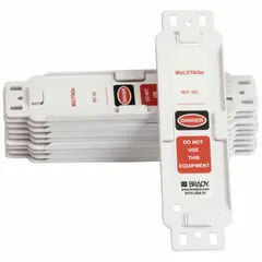 Safety tag measuring 2 1/4 in wide by 8 1/4 in high. Black/red/white rectangular plastic design rated for indoor/outdoor use. Supplied in a 10-pack. Used to warn personnel of hazardous conditions in industrial environments.