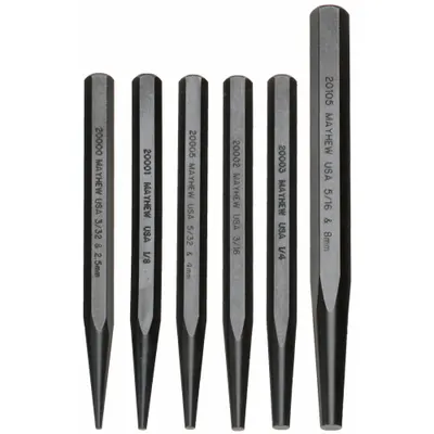 MAYHEW Solid Punch Set: 1/4 in_1/8 in_3/16 in_3/32 in_5/16 in_5/32 in Tip Dia - Pin Loosening Punch Sets