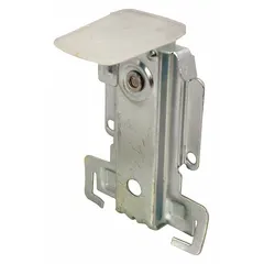 This hanging door guide is designed for use with sliding or bypass doors to maintain alignment and stability within the track system. It supports a maximum weight of 60 lb per pair. Dimensions are 3 7/16 inches in length and 3 13/16 inches in width. Suitable for interior door applications requiring controlled movement.