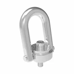 This pivot and rotate hoist ring is designed for pulling operations in industrial lifting and rigging. The swivel action allows the ring to align with the load direction, reducing side-load stress on the threaded connection. Constructed from black oxide-coated steel for corrosion resistance. Thread size: 5/8"-11; maximum load capacity: 4,000 lb.