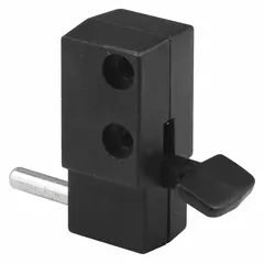 This sliding door lock from PRIME-LINE measures 2 inches in height and 7/8 inch in width. It is designed for use on sliding doors in residential or light commercial settings, providing a simple locking mechanism to secure patio doors, closet doors, and similar installations.
