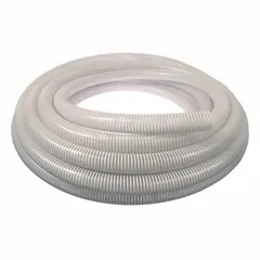 Clear PVC hose with PVC helix reinforcement for bulk water suction and discharge. Inside diameter 3 in, pressure rating 55 psi, temperature range -10° to 130°F. Length 50 ft. Suitable for light-duty water transfer, dewatering, and irrigation in industrial, agricultural, and construction settings.