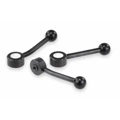Steel low-profile adjustable tension lever with threaded hole. Thread size 3/8"-16, thread length 21 mm, overall length 127 mm. Used for clamping, positioning, or adjusting machinery components in jigs, fixtures, and assembly equipment.