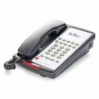 Black plastic indoor hospitality phone with 10 programmable guest service keys (0, 3, 5, or 10 options). Includes data port, voicemail, and volume control. Surface-mount design for healthcare facility patient rooms. No speakerphone, caller ID, or call waiting