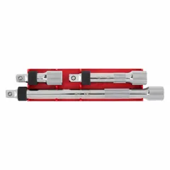 This wobble hand socket extension set features a 1/2 in input and output drive size with a 10 in overall length. The chrome construction and locking mechanism secure sockets during use. It extends reach and allows angled access in confined spaces for fastening or loosening fasteners with a ratchet or impact wrench.