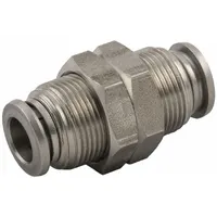 This stainless steel push-to-connect adapter fitting connects two 8 mm OD tubes. It is used in pneumatic systems for industrial automation, packaging, and material handling applications requiring leak-free connections