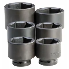 This 6-piece SAE impact socket set features a 1 in drive and includes six 6-point sockets. The set is suited for heavy-duty fastening applications where high torque is required, such as on large bolts and nuts in industrial machinery.