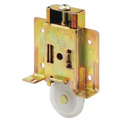 This hanging door roller from PRIME-LINE measures 3 13/16 inches in width and supports doors weighing up to 60 lb. It is designed for use in sliding door applications, providing smooth operation for residential or light commercial doors.