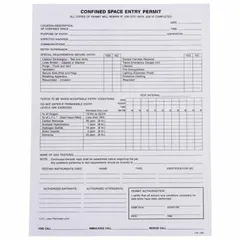 This confined space entry permit is used to document and authorize entry into confined spaces, recording atmospheric tests, hazards, and personnel. It is printed on paper in black and white, measuring 8 1/2 in x 11 in, and is designed for use with Mfr. No. PC1.