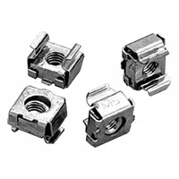Steel cage nut with plated finish for use with square-hole rack angles. Provides a threaded mounting point for screws in electrical enclosures. Supplied in packages for convenient installation