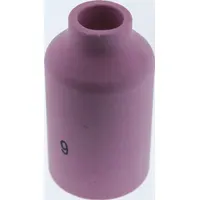 Gas lens nozzle for TIG welding, made of alumina. Model No. 6, standard size. Sold in a pack of 10. Used to improve shielding gas coverage and reduce turbulence in welding applications