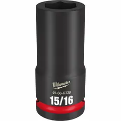 SAE 6-point deep impact socket with 3/4" drive and 15/16" socket size. Friction retention system secures the socket on the anvil. Black Phosphate finish. For use with impact tools on hex fasteners in heavy-duty applications.