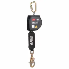 ANSI Class 1 self-retracting lifeline with 11 ft synthetic fiber lifeline. Features a steel snap hook for overhead anchoring and a harness steel carabiner. Designed for personal fall arrest systems in industrial environments where overhead anchorage is required.