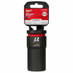 This 3/4" drive deep impact socket is designed for use with impact tools on metric 27 mm hex fasteners. The 6-point configuration provides full contact on the fastener head to reduce rounding. Suitable for applications such as heavy equipment maintenance, automotive repair, and industrial assembly requiring impact-rated sockets.