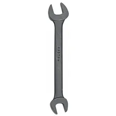 This SAE double-end open end wrench is made from alloy steel with a black oxide finish. It features 3/4 in and 7/8 in head sizes and a 9 39/64 in overall length. Suitable for tightening or loosening hex fasteners in industrial maintenance, automotive repair, and mechanical assembly.