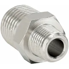 This chrome-plated threaded pipe fitting is designed for high-pressure applications up to 1,200 psi. With a 1/4 in x 1/8 in size and 1 1/16 in length, it is used to connect or extend metal piping in hydraulic, pneumatic, and fluid-handling systems.