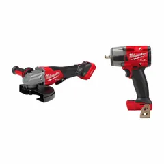 This combination kit includes two M18™ cordless tools: an angle grinder (MPN 3674-20) and an impact wrench (MPN 2960-20), both operating at 18 V DC. Supplied as tool only, without batteries or charger. Suitable for grinding, cutting, and fastening tasks in metal fabrication, construction, and maintenance applications.