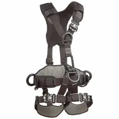 This full body harness is constructed with polyester webbing and steel hardware, featuring back, front, and side D-rings. Leg and shoulder strap buckles are quick-connect type. Complies with OSHA 1910.140, OSHA 1926.502, ANSI Z359.11-2014, and NFPA 1983-2017 standards. Suitable for fall arrest, work positioning, and rescue applications.
