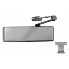 This Grade 1 heavy duty door closer is designed for parallel arm mounting on interior or exterior doors. Constructed of aluminum, it features an adjustable spring size 4 and is ADA compliant. Typical applications include controlling door closing speed on commercial or industrial doors where safe, automatic closure is required.