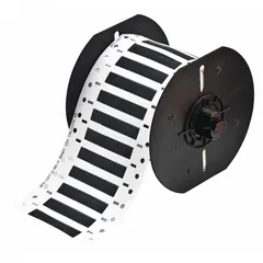 Polyolefin precut sleeve label roll in black matte finish. Each label measures 3/16 in x 2 in and fits wire gauges from 10 AWG to 20 AWG. Compatible with BBP33 printer series. Used for on-demand wire identification in control panels, electrical cabinets, and equipment.