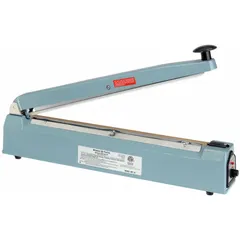 Tabletop impulse heat sealer for sealing polyethylene bags and thermoplastic films. Maximum seal length 16 inches, seal width 2.5 mm, seal thickness 6 mil. Suitable for medium-duty packaging and product protection in industrial and warehouse settings.