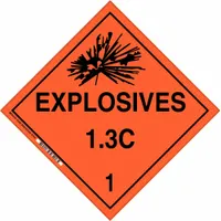 BRADY DOT placard for identifying Class 1 explosives, division 1.3 compatibility group C. Measures 10 3/4 x 10 3/4 inches with a label height of 10 3/4 inches. Used on shipping containers, vehicles, and storage areas to indicate hazardous materials during transport