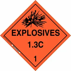 BRADY DOT placard for identifying Class 1 explosives, division 1.3 compatibility group C. Measures 10 3/4 x 10 3/4 inches with a label height of 10 3/4 inches. Used on shipping containers, vehicles, and storage areas to indicate hazardous materials during transport.