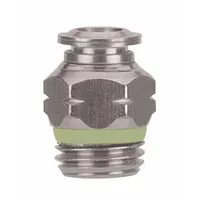 Stainless steel push-to-connect fitting with universal thread for connecting 6 mm OD tubing to a 1/4" pipe thread. Used in pneumatic and fluid control systems for industrial automation, packaging, and material handling applications